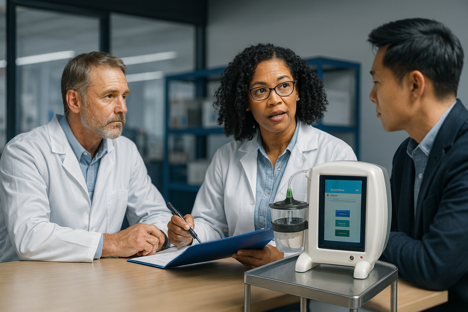 Rayvac clinical team discussion with NPWT device on table